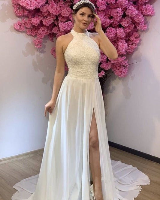 Elegant Halter Boho Prom Dresses Chiffon Split Lace Appliques    cg14924