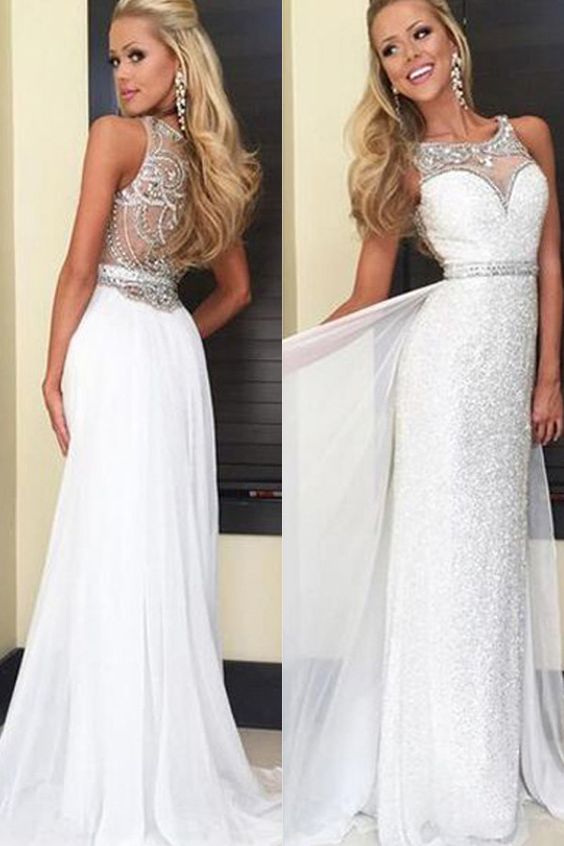 White Chiffon Sequins Prom Dresses Long,Back Crystal Beaded Long Prom Gowns cg1493
