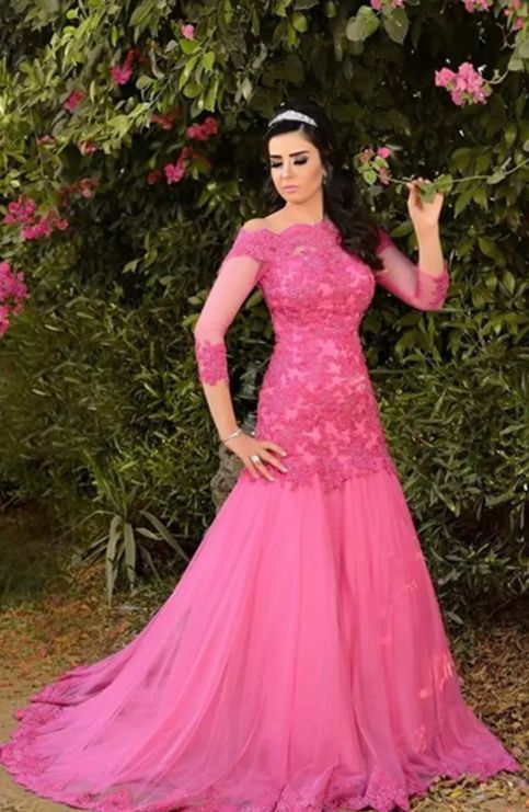 Evening Dress Turkey Sexy Off the Shoulders Hot Pink Tulle Lace Appliques Mermaid Prom Dresses    cg14944