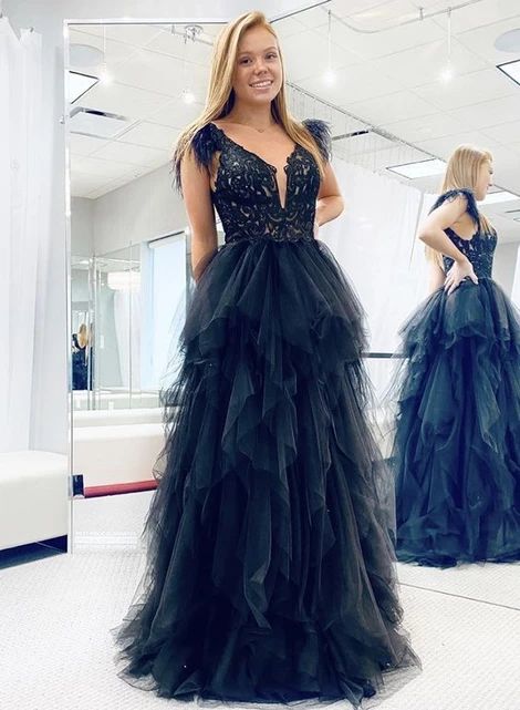 Black tulle lace long prom dress evening dress   cg14950