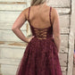 Burgundy v neck tulle lace long prom dress evening dress   cg14971