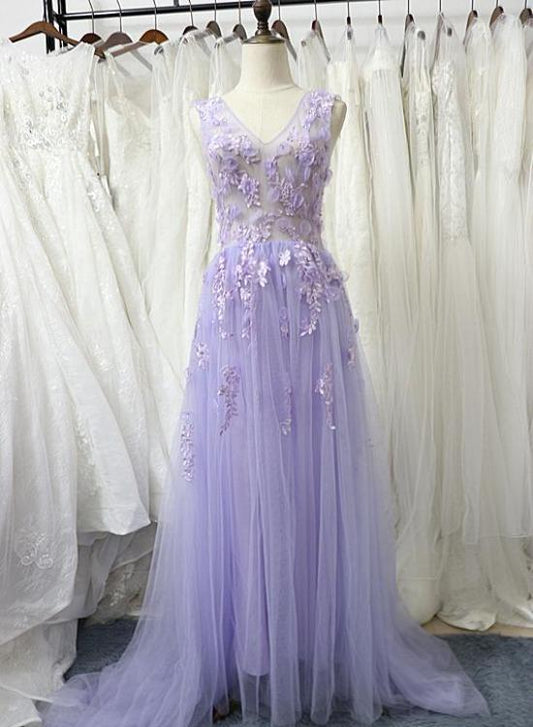 Charming Tulle Floral Light Purple Long Party Dress, A-Line Prom Dress 2021   cg14973