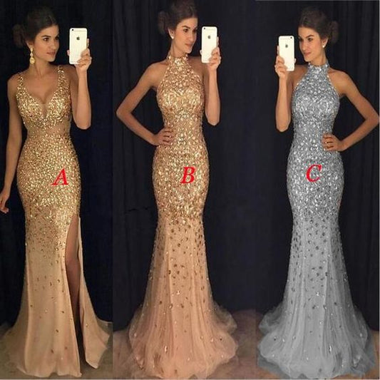 Most Popular Strap Rhinestone Long Mermaid Side Slit Gorgeous Sparkle Prom Dresses cg1499