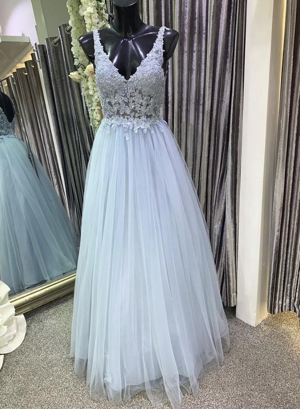 Blue v neck tulle lace long prom dress evening dress   cg14993