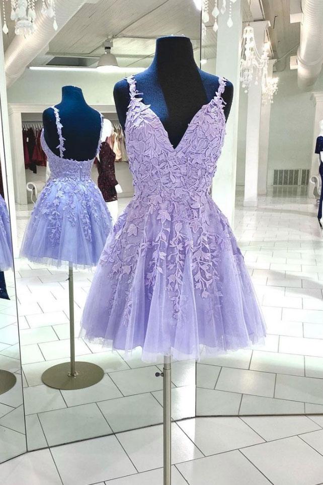 Purple v neck tulle lace short homecoming dress lace cocktail dress   cg14994