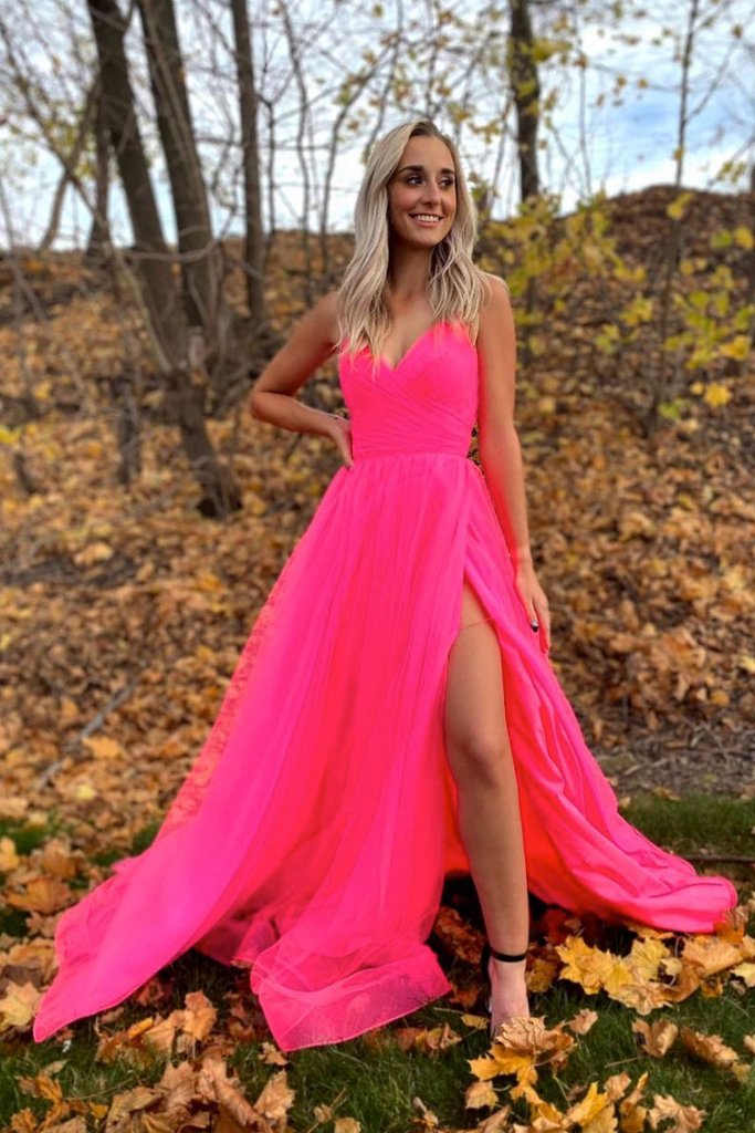 SIMPLE V NECK TULLE PINK TULLE FORMAL DRESS, PINK TULLE PROM DRESS   cg14999