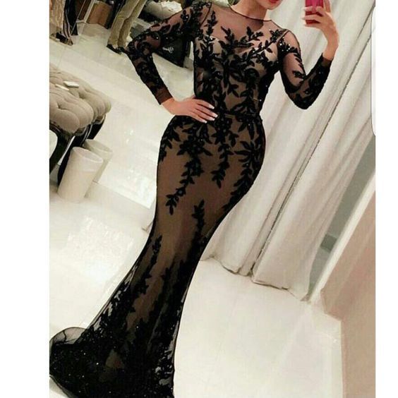New Arrival Black Mermaid Lace Appliques Formal Prom Dress    cg15019