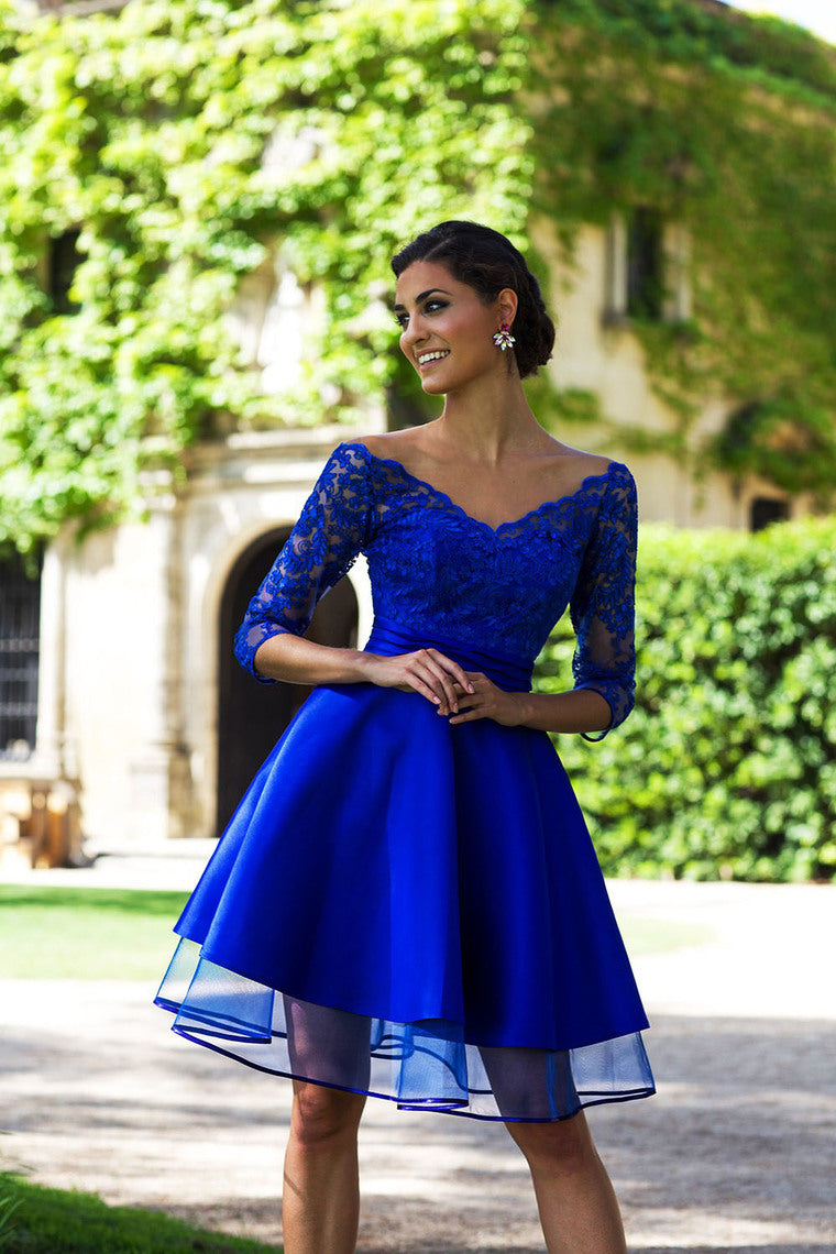 2019 A Line Homecoming Dresses V Neck 3/4 Length Sleeves With Applique Tulle & Satin cg1502