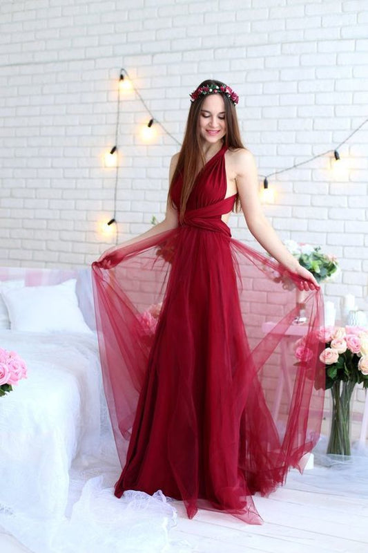 Burgundy tulle convertible prom dress   cg15026