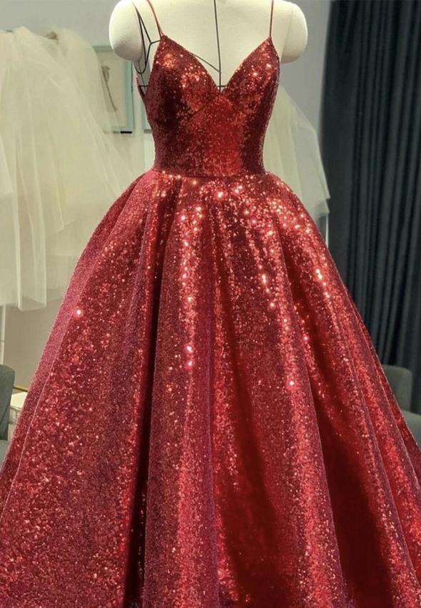 Red sequins long ball gown prom dress shiny evening dress    cg15034