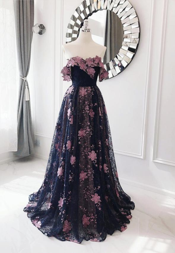 Black tulle lace long prom dress evening dress   cg15039