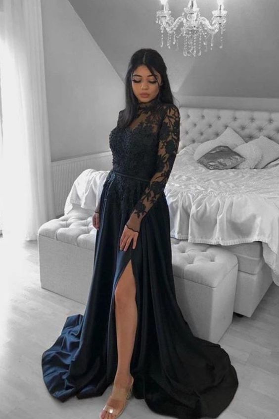 Elegant A-Line High Neck Satin Lace Long Prom Evening Dresses with Split    cg15046