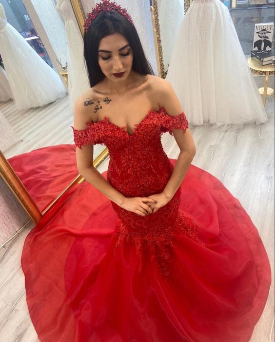 Red mermaid prom dresses lace beaded evening gown off the shoulder formal dress    cg15049