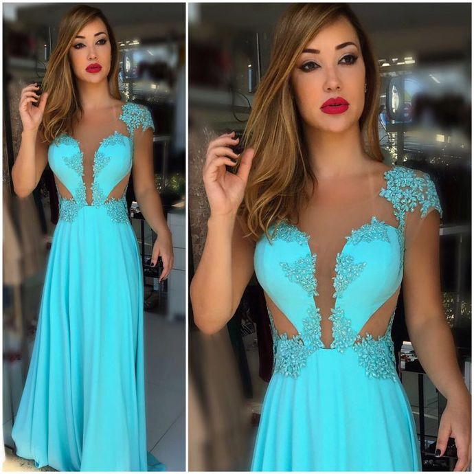 A-line Scoop Cap-Sleeves Evening Dresses | Floor-Length Popular Prom Dress    cg15060