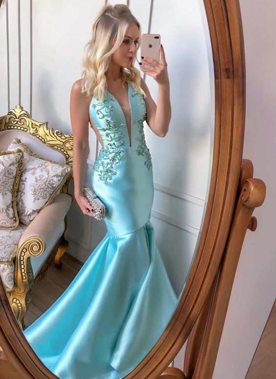 v neck mearmaid long prom dress with appliques   cg15068