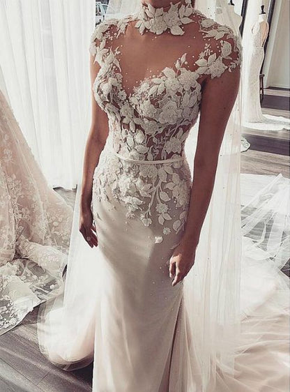 Mermaid Lace Appliques Backless Wedding Dresses,Elegant High Neck Cap Sleeve Bridal Dresses Prom Dress   cg15083