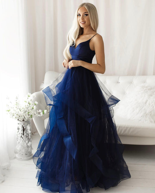 BLUE TULLE LONG PROM DRESS BLUE EVENING DRESS   cg15089