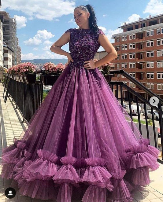 Scoop Neck Tulle Prom Dress, Charming Prom Dress With Beading Top   cg15102