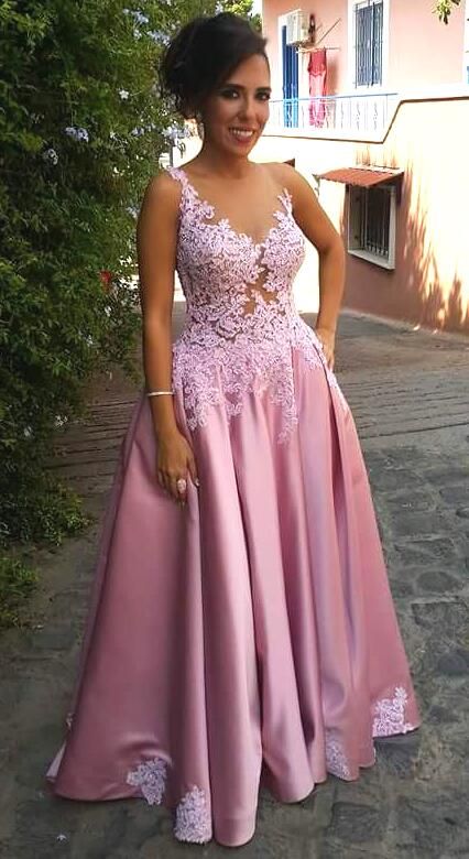 Appliques Illusion Bodice Satin Prom Dresses,Sexy Lace Prom Dress   cg15111