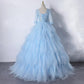 Light Blue Layers Tulle With Lace Princess Gown, Short Sleeves Ball Gown Sweet 16 prom Dress   cg15122