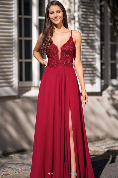 Burgundy v neck chiffon lace long prom dress burgundy evening dress   cg15123