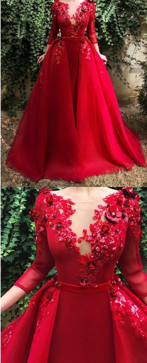 Elegant Red Long Prom Dresses Detachable Train with Sleeves, Hottest Long Prom Party Dresses    cg15154