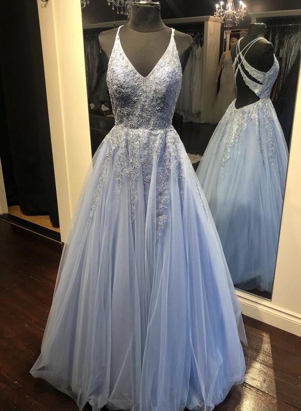 Blue v neck tulle lace long prom dress evening dress cg15161 – classygown