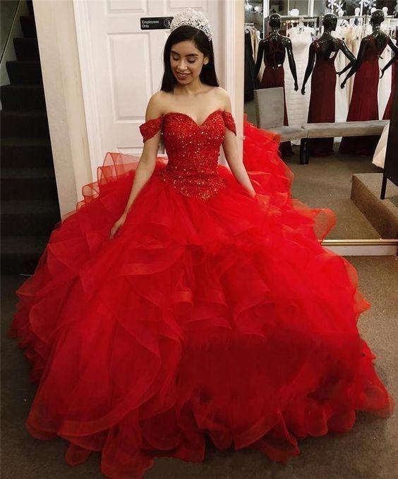 Luxury Ball Gown Red Quinceanera Dresses Off the Shoulder Prom Dress   cg15198