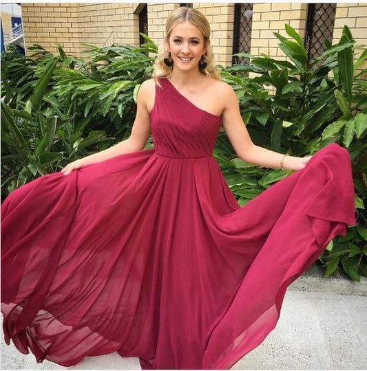 Simple burgundy one shoulder long prom dress   cg15225