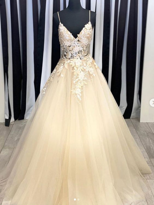 Champagne V Neck Tulle Lace Prom Dress LBQ1224