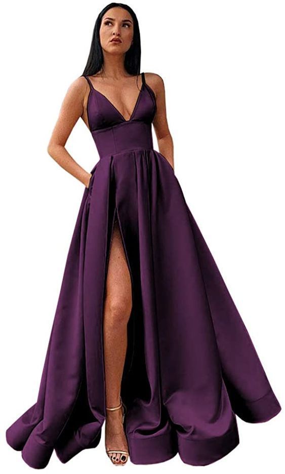 V-Neck Slit Satin Long Prom Dress Spaghetti Strap Evening Ball Gown with Pockets   cg15264