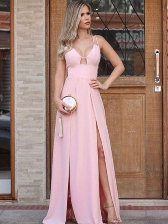 Simple Pink Sleeveless Spaghetti Strap A-line Long Prom Dresses   cg15268