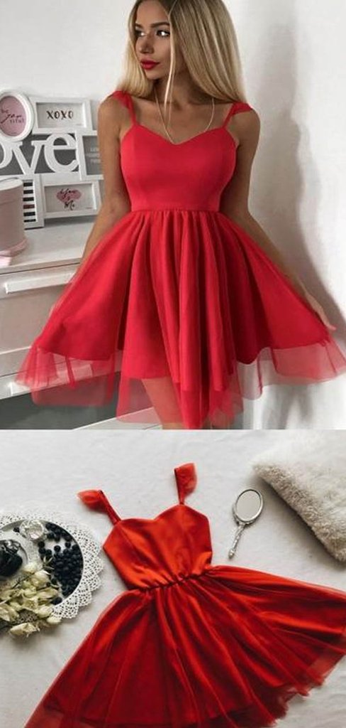 Charming Red Spaghetti Straps Short A-Line Tulle Homecoming Dresses, Homecoming Dresses cg1528