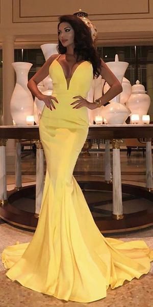 Sexy Deep V-neck Spaghetti Straps Mermaid Yellow Jersey Backless Prom Dresses   cg15286