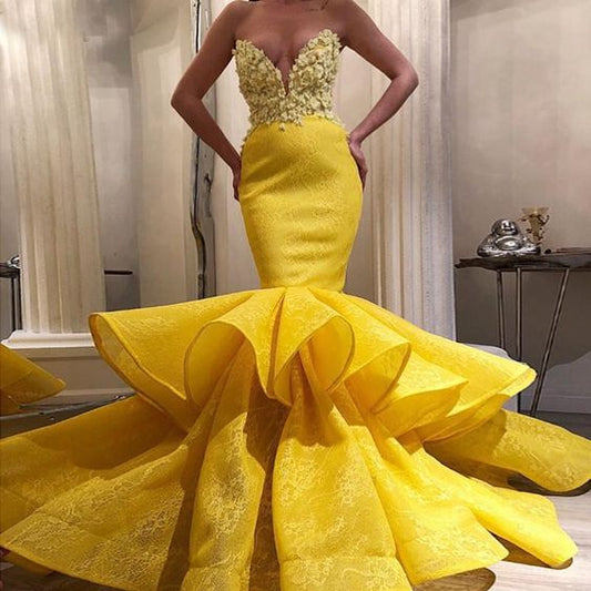 Arabic Yellow Full Lace Sweetheart Mermaid Prom Dresses   cg15287