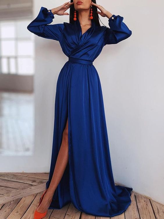 Long Sleeve Ruched Thigh Slit Evening prom Dress    cg15294