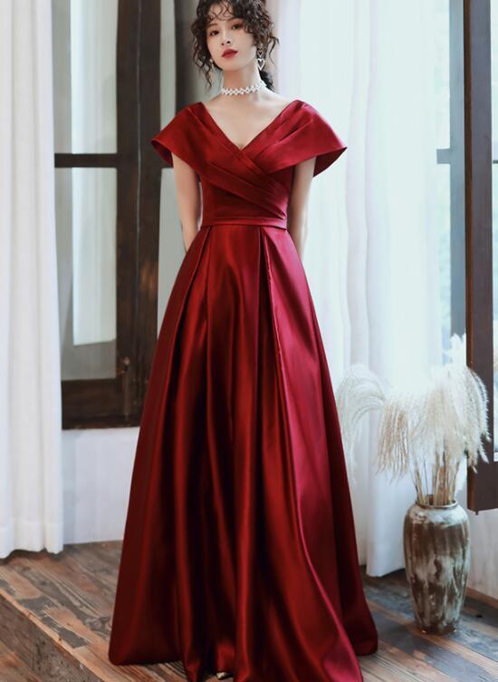 Fashionable Wine Red Satin A-Line Floor Length Junior Prom Dress, Long Evening Dress   cg15303