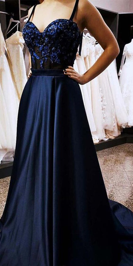 Navy Blue Satin Appliques A Line Straps Prom Dresses   cg15318