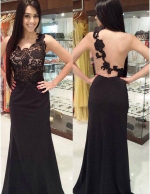 Mermaid One Shoulder Sweep Train Black Prom Dress with Lace Appliques   cg15332