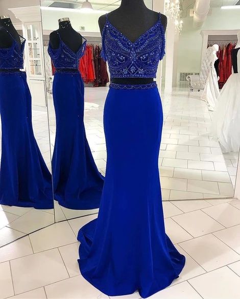 Two Piece Mermaid Beading Royal Blue Prom Dress cg15336 – classygown