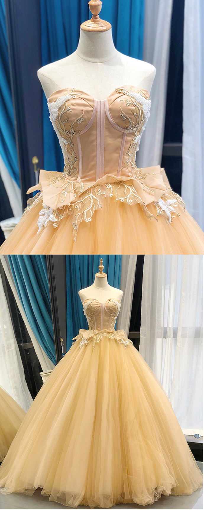 Yellow Tulle Sweetheart Neck Lace Applique A Line Sweet 16 Prom Dress, Quinceanera Dress   cg15345