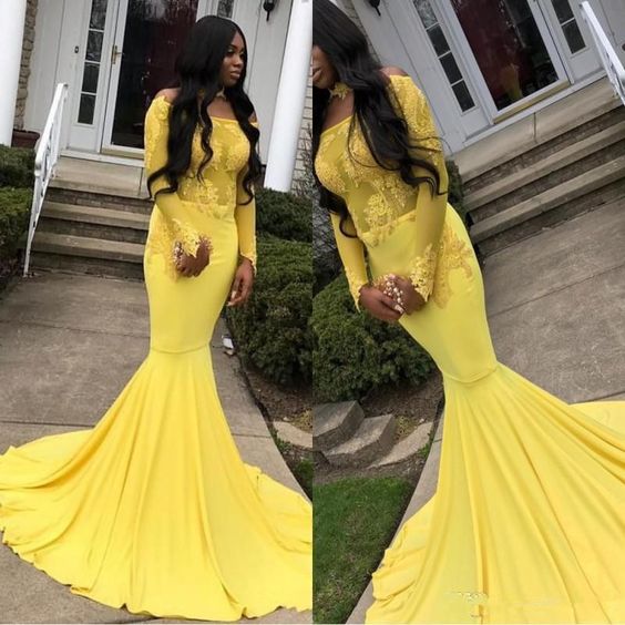 Yellow Long Sleeves Mermaid Prom Dress   cg15346