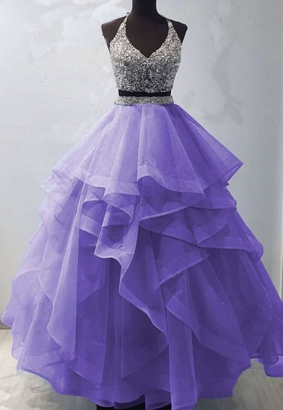 Two pieces tulle beads long prom gown evening dress    cg15357