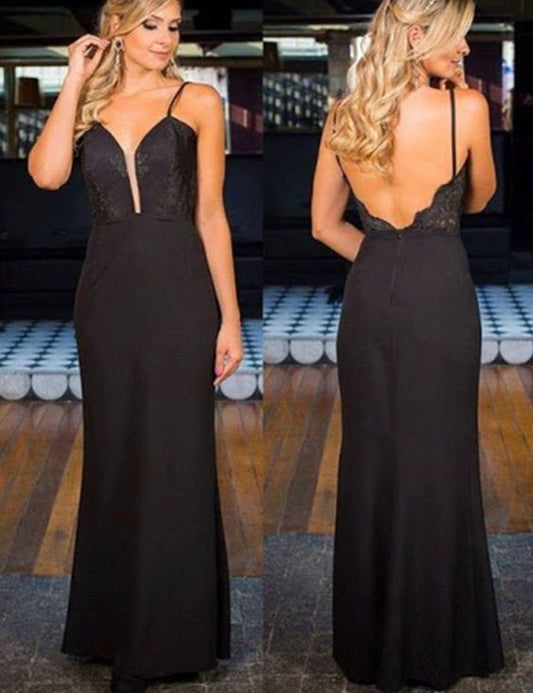 Spaghetti Straps Long Backless Sheath Black Prom Dress with Lace    cg15364