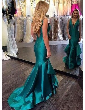 Mermaid Deep V-Neck Backless Turquoise Prom Dress with Ruffles   cg15374