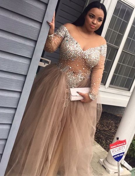 Modest Plus Size Black Girl Prom Dresses With Sleeves Beading Sheer Long Party Dress   cg15390