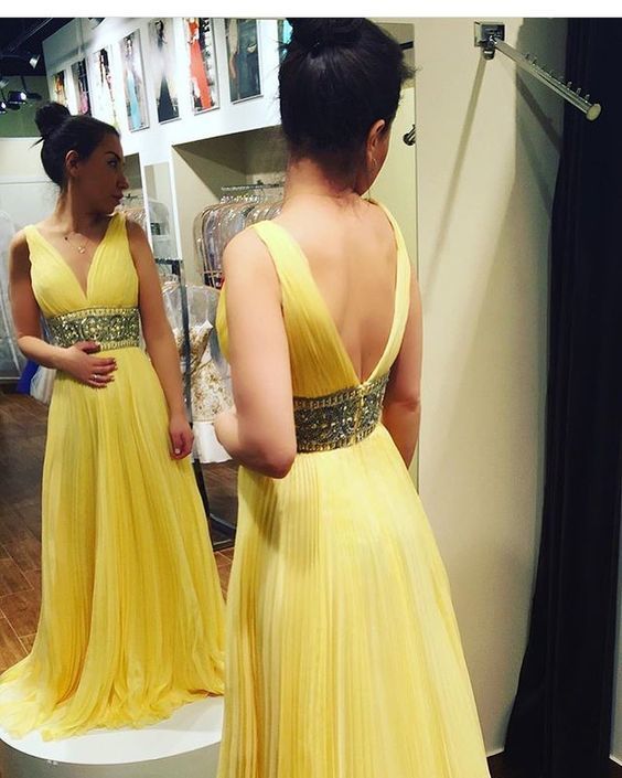 Gorgeous V Neck Empire Yellow Long Prom Dress   cg15430