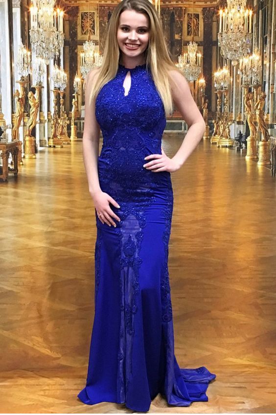 Royal Blue Mermiad Long Prom Dress With Lace   cg15431