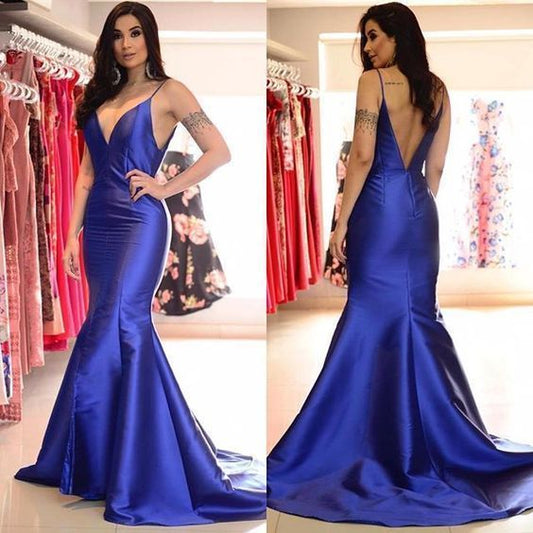 Mermaid prom dress blue open backs V Neck Formal Dresses   cg15436