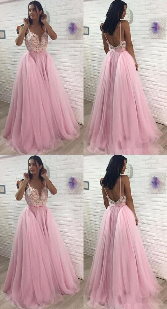 Pink V-Neck Backless Long Prom Dresses   cg15458